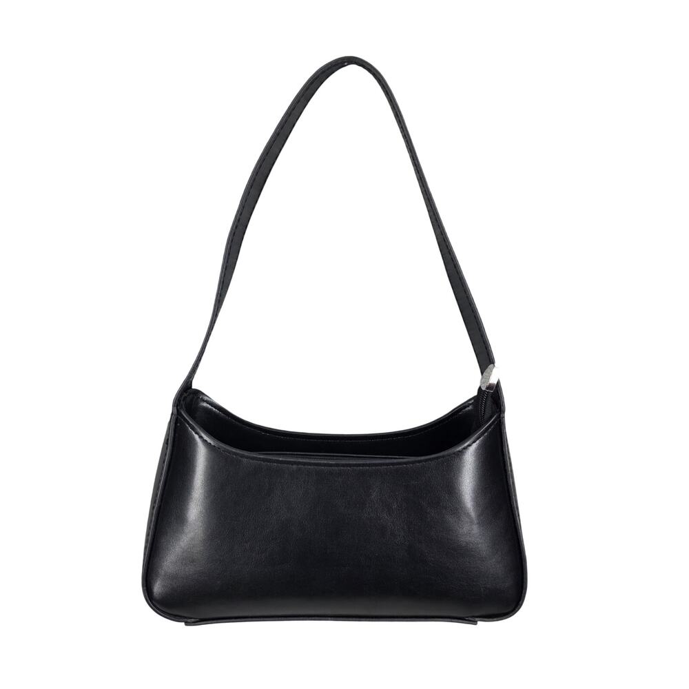 BLACK FAUX LEATHER SHOULDER BAG – 10" × 5" – BURGUNDY LINING – MINIMALIST STYLE
